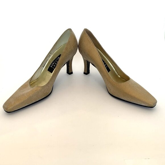 Stuart Weitzman Womans Size 5 1/2 B Gold Satin Square Toe Pumps High Heel Shoes - Picture 3 of 15